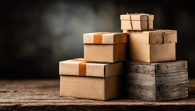 Stacked rustic cardboard boxes on wood - Powered by Adobe