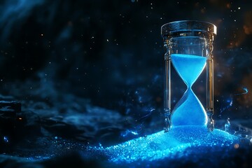 An ethereal hourglass with glowing blue sand flows through a cosmic, starfilled galaxy