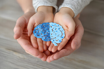 Adult and children hands holding brain with puzzle paper cutout, autism, memory loss, dementia, epilepsy and alzheimer awareness, world mental health day concept