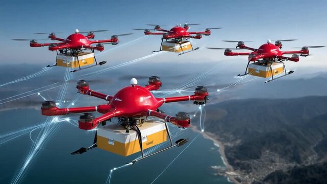Skyward Delivery: A squadron of cutting-edge drones soar through the sky, each meticulously carrying a package, embodying the future of logistics and innovation.