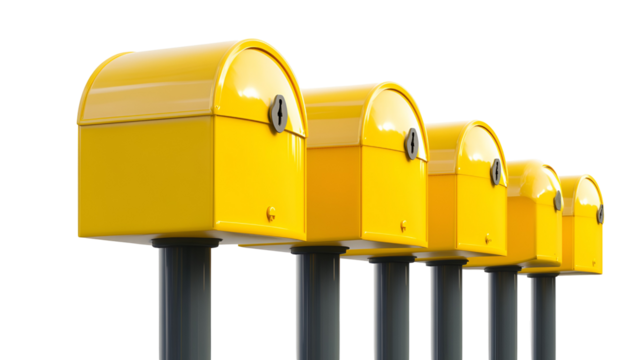 Row of Yellow Mailboxes on Gray Posts Isolated on Transparent Background Postal Service Communication Delivery