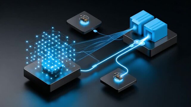 Quantum Computing: Futuristic Visualization of Quantum Computing. Futuristic visualization of quantum computing shows interconnected nodes and glowing data, symbolizing advanced technological prowess.