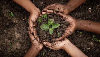 Children's hands holding seedling in soil, community garden (1)