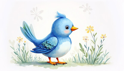 Fototapeta premium A charming cartoon bird character with bright colors, playful details, and an expressive, cheerful style. Designed with a cute and friendly appearance, this illustration is perfect for children’s book