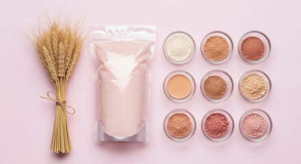 A collection of pink salt samples in small bowls, alongside a bag of salt and a bundle of dried wheat stalks, presented on a light pink background