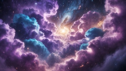 Radiant Galaxy Swirl Emerging from Vibrant Purple and Blue Nebula Clouds