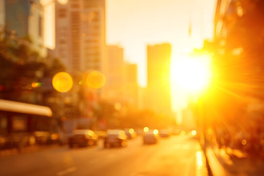 Landscape, urban, cityscape background. Hot summer sun illumination of urban city landscape. Yellow colored and blurred city scene during hot summer day. Abstract background with copy space