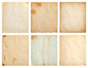 Set of Vintage Aged Paper Sheets Isolated on Transparent Background