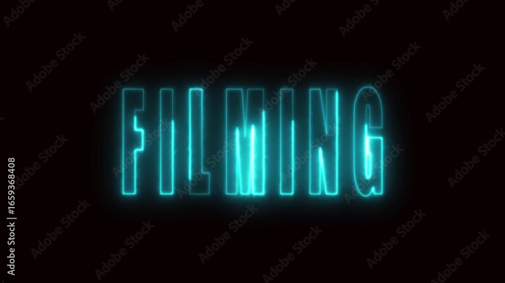 Poster animated neon cyan f i l m i n g text glowing letters cinematic movie opener digital art energy. f i