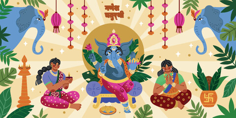 Obraz premium Indian festival. Ganesh Chaturthi. Art calligraphy of India. Happy holiday background for Ganpati Bappu. Hindu religion. Vinayaka culture traditions. Woman sitting in lotus asana. Vector tidy banner