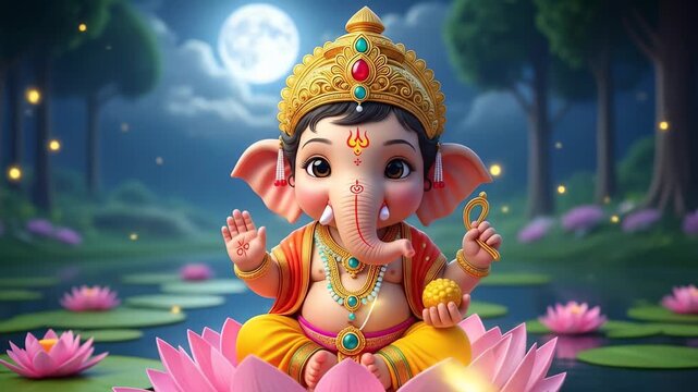 Cute baby Ganesha sitting pink lotus flower, wearing golden crown and traditional jewelry, surrounded by glowing lights, peaceful spiritual atmosphere, serene water, full moon night, floating lotus