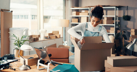 Box, delivery and packing with woman in office for small business distribution or supply chain. Logistics, package and shipping with startup employee in workshop for commercial ecommerce service