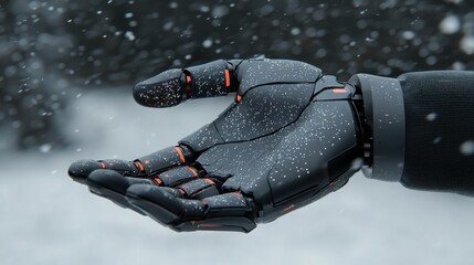 Robot Hands with Sense of Touch Concept. Futuristic robotic hand reaching out in snowy environment with delicate snowflakes falling down