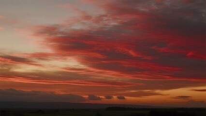 Vivid Sunset with Fiery Orange and Red Clouds Over a Distant Horizon