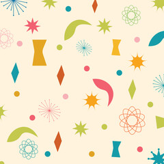 Mid Century Modern Boomerang seamless pattern with retro stars shape. For home decor, textile, wallpaper and fabric. 1950s vintage style atomic background.