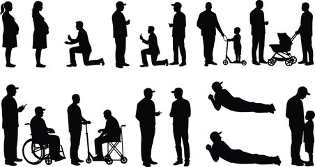 Silhouettes of diverse family moments, pregnancy, proposal, children, stroller, wheelchair, scooter, communication, outdoor activities, love, care, support, connection, relaxation, interaction,