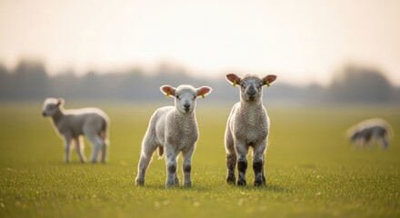 Fototapeta premium Adorable Lambs Grazing in a Lush Green Pasture at Sunrise