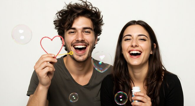 Junges Paar lacht verliebt Seifenblasen spielen helle Studioaufnahme. AI Generated