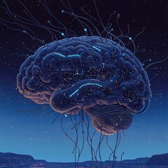 Digital Brain with Night Sky, and Neural Network.