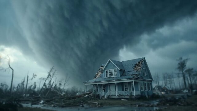 A dramatic scene of a tornado approaching a damaged house amidst a dark, stormy sky.