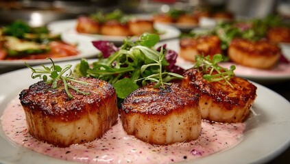 Pan-seared scallops with pink sauce and greens