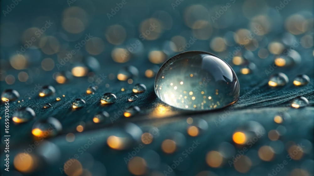 Poster Tiny Water Droplet Reflected on Leaf Surface with Bokeh Effect