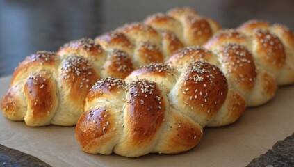 Three braided loaves of artisan bread, topped with sesame seeds