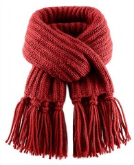 Solid red knitted scarf with long loose tassels on white background, product photo simple style front view warm light high resolution