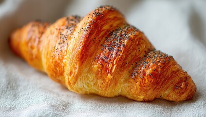 Close-up of a golden croissant sprinkled with poppy seeds on a light beige cloth