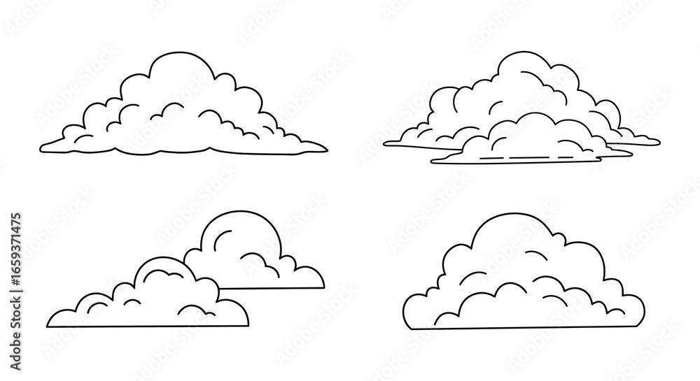 Poster clouds in different shapes and sizes in a simple line drawing style
