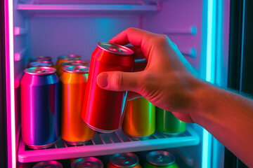 Hand Reaching for a Red Beverage Can from a Lit Refrigerator in a Supermarket