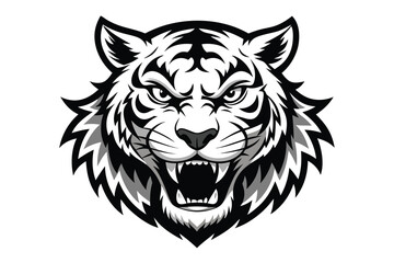 Roaring Tiger Head Front View with Bold Stripes on White Background
