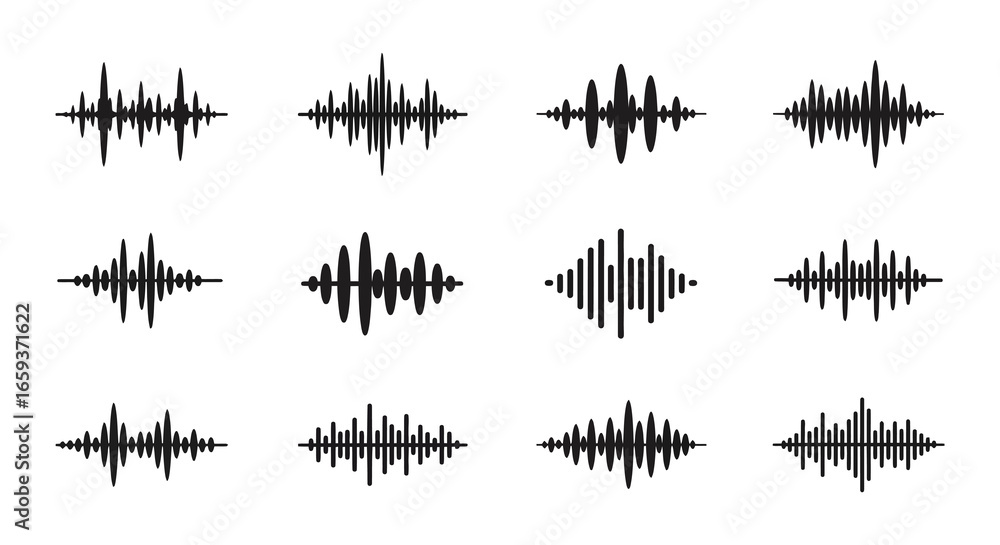 Poster collection of various sound wave patterns and audio signal icons