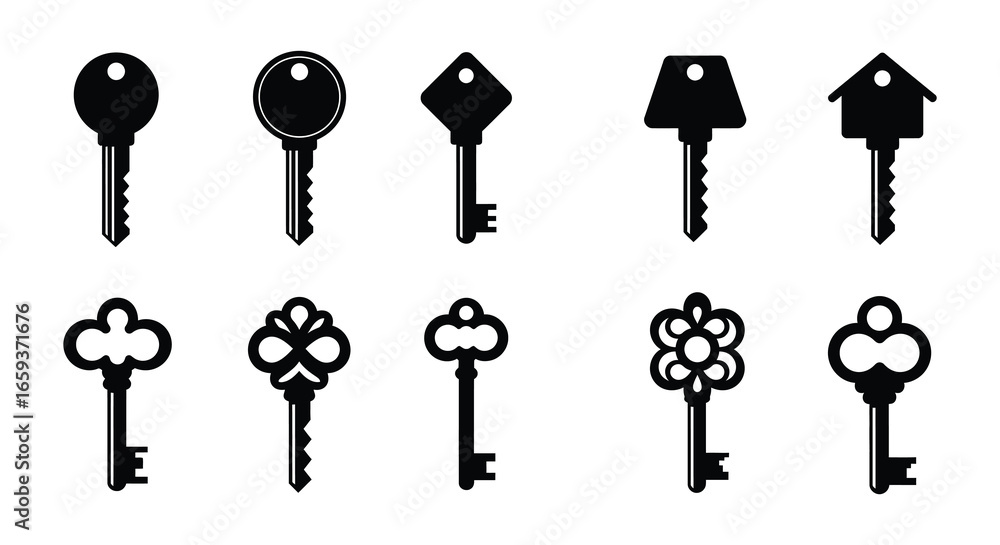 Poster collection of various keys in different shapes and designs