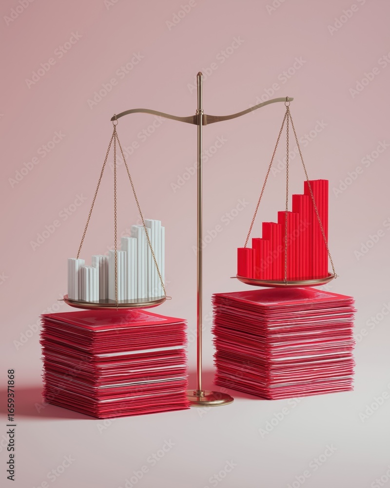Aufkleber a balanced scale displays red and white bar graphs on stacks of papers, symbolizing data comparison 