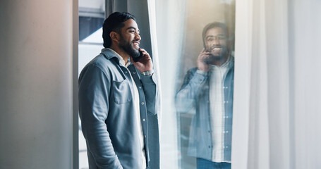 Phone call, communication and businessman by window in office with networking for creative project....