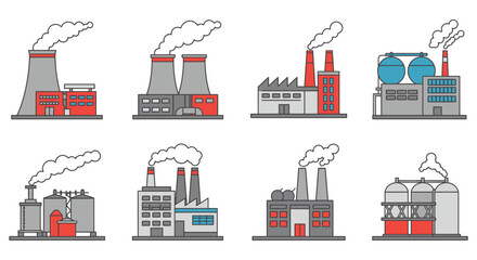 Various industrial factories and buildings with smokestacks and chimneys emitting smoke