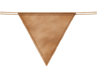 Brown triangular fabric pennant hanging on a string with a textured surface in a studio setting