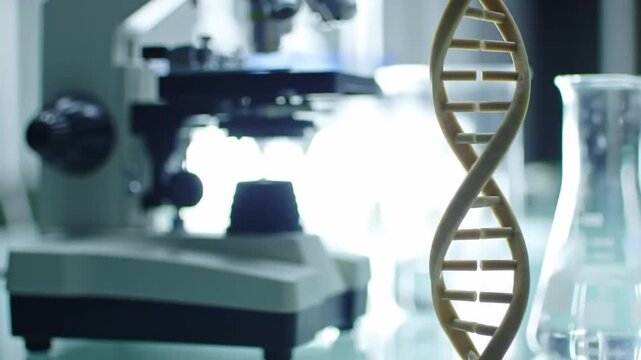 Close-up of DNA double helix model rotating slowly on a laboratory desk with microscopes and scientific equipment in the background