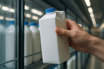 Hand Reaching for a Fresh Carton of Milk from a Supermarket Refrigerated Shelf