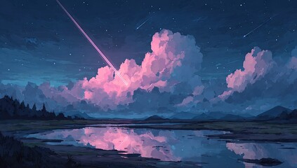 Obraz premium Pink-hued, tranquil landscape at night, with starry sky and a meteor reflecting on a calm lake