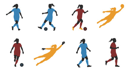 Women playing soccer in various poses and uniforms on white background