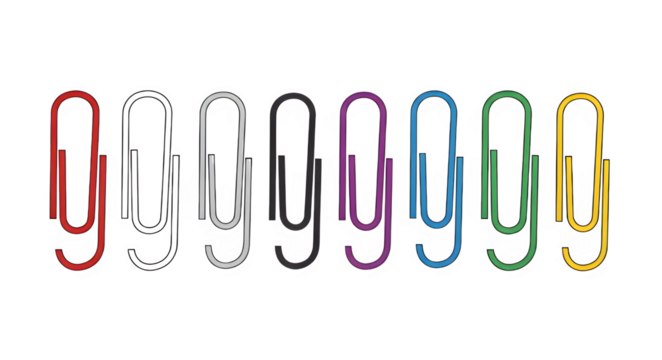 Colorful paper clips arranged in a row isolated on transparent background, Png