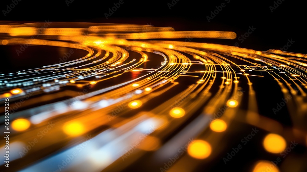 Poster golden streaks illuminate a digital network, representing data flow and connectivity