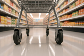 Low Angle View of an Shopping Cart in a Supermarket Aisle