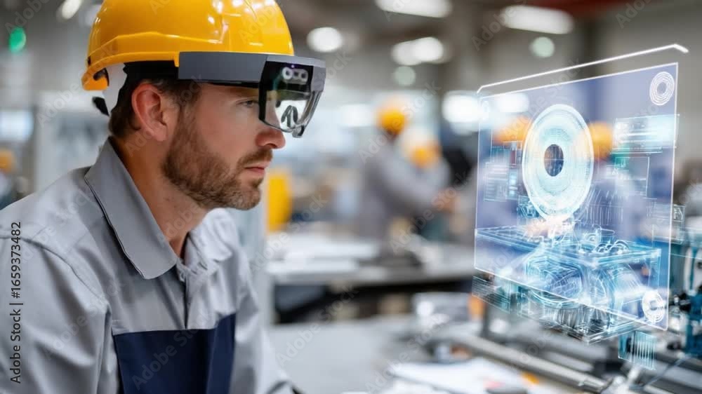 Aufkleber engineer utilizing augmented reality: an engineer, immersed in cutting-edge technology, examines an 