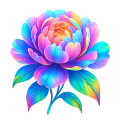Vibrant Prismatic Peony Flower with Colorful Petals and Leaves