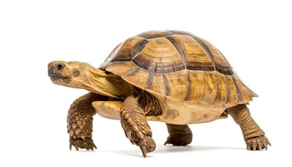 A tortoise walks right, shell patterned brown and tan, against a white background