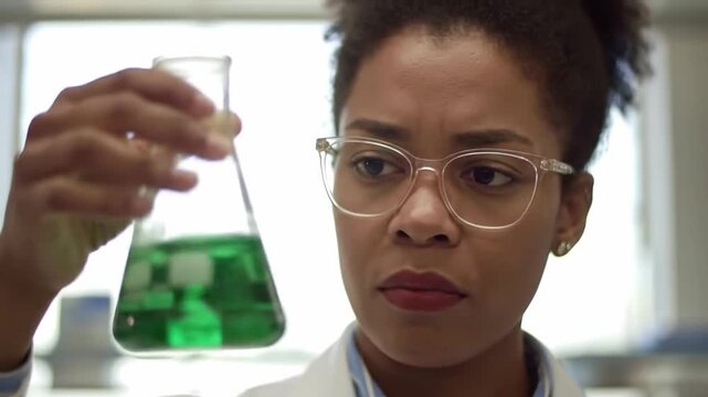 Scientist holding up a conical flask filled with green solution against bright light, examining clarity and bubbles
