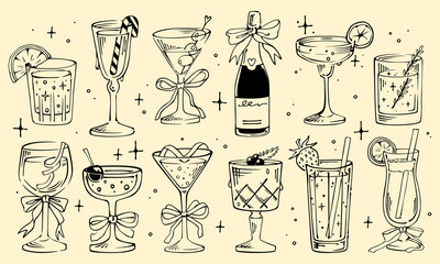 Naklejka na ściany i meble Christmas cocktail. Champagne, Xmas drink, hand drawn martini. Doodle alcohol in glass, whiskey with ice, margarita and lemonade. Vintage wine with bow, glass party icon. Retro bar. Vector holiday